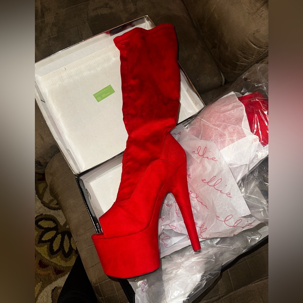 709 Natalie red velvet pleaser Ellie boots